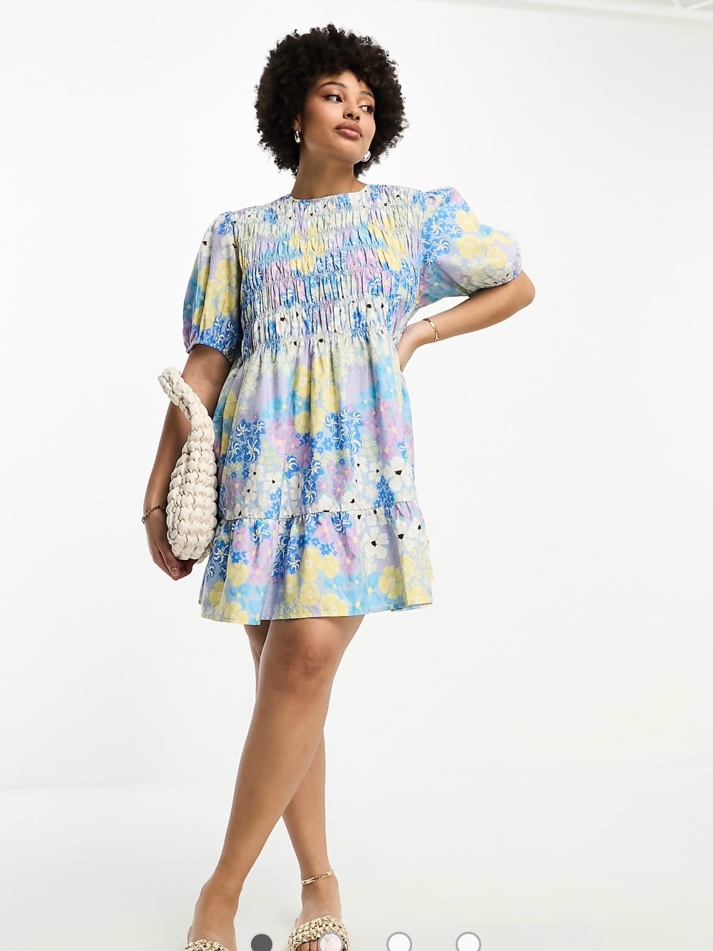 ASOS Pastel Blue & Yellow Floral Smocked Mini Dress